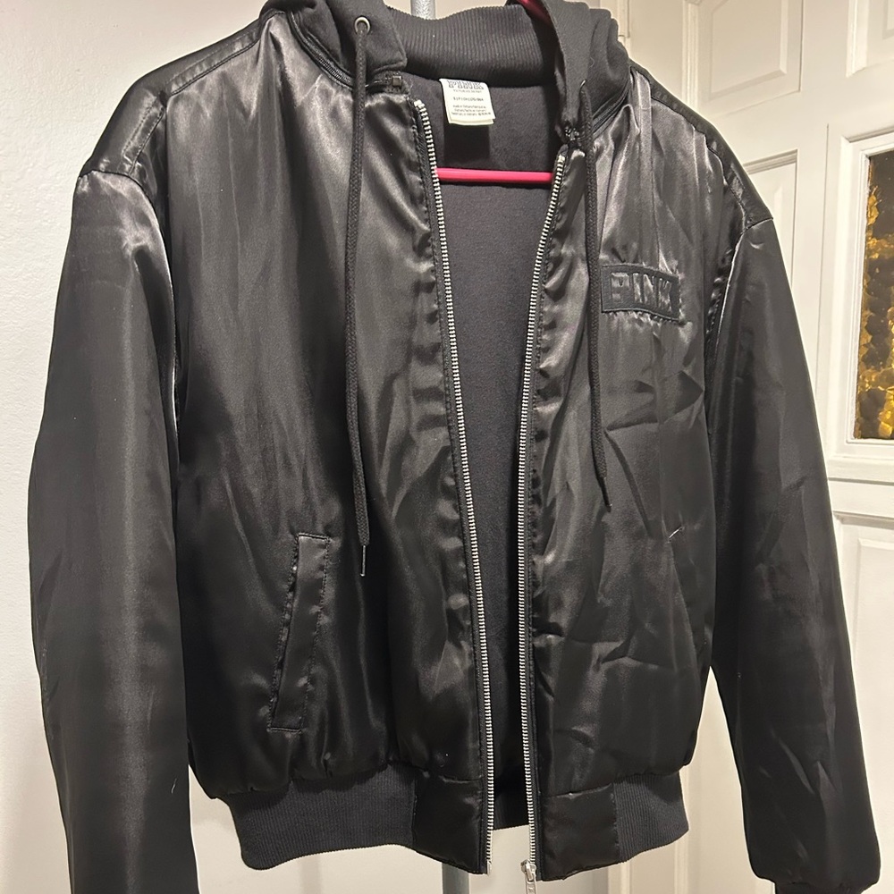 PINK Victoria's Secret Black Satin Bomber Jacket size Small